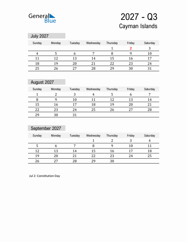 Cayman Islands Quarter 3 2027 Calendar with Holidays