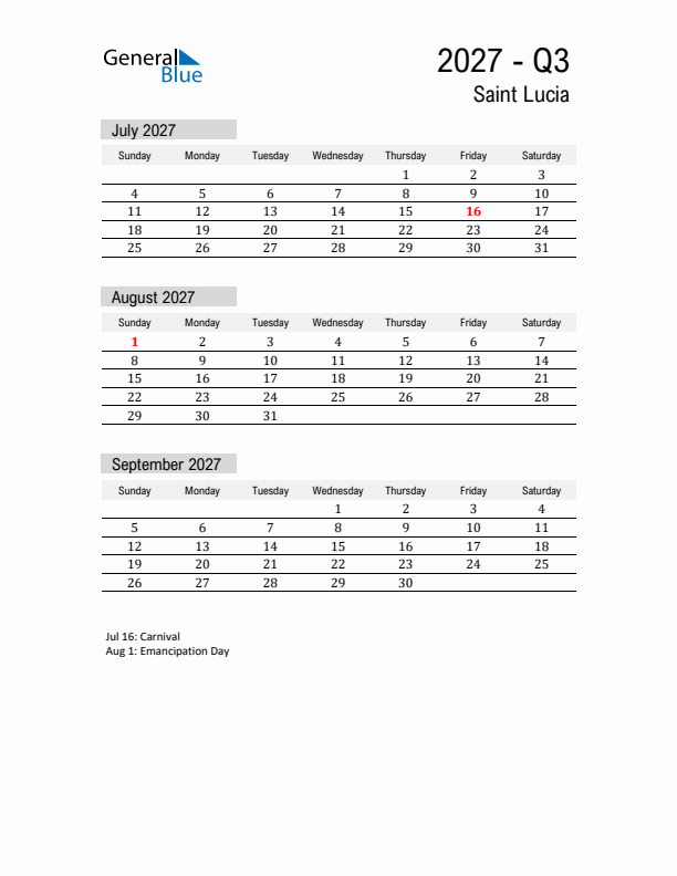 Saint Lucia Quarter 3 2027 Calendar with Holidays