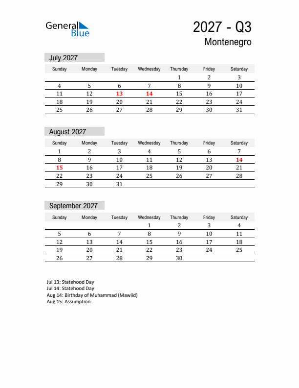Montenegro Quarter 3 2027 Calendar with Holidays