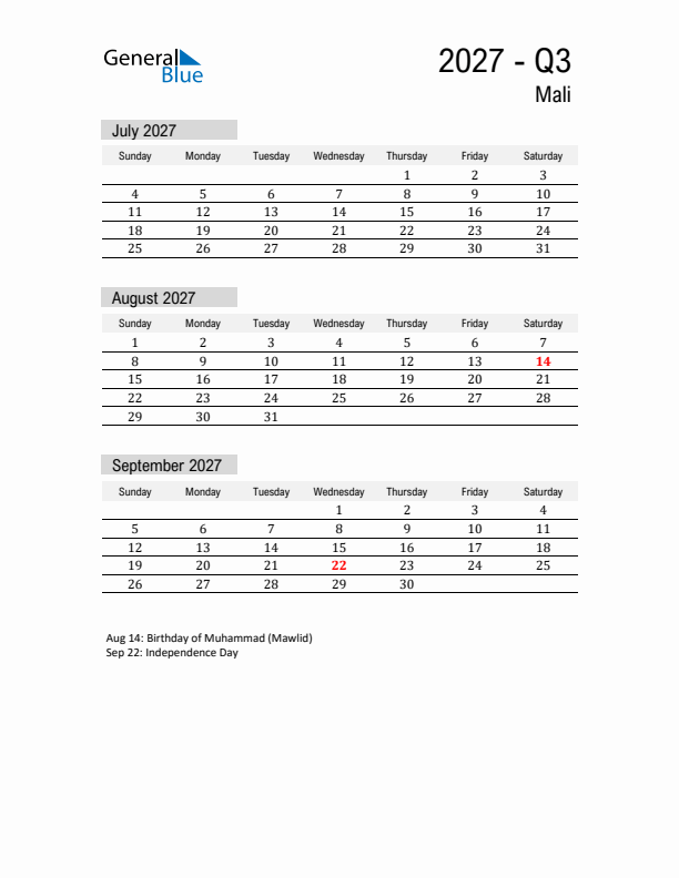 Mali Quarter 3 2027 Calendar with Holidays