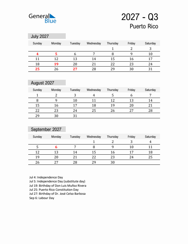 Puerto Rico Quarter 3 2027 Calendar with Holidays