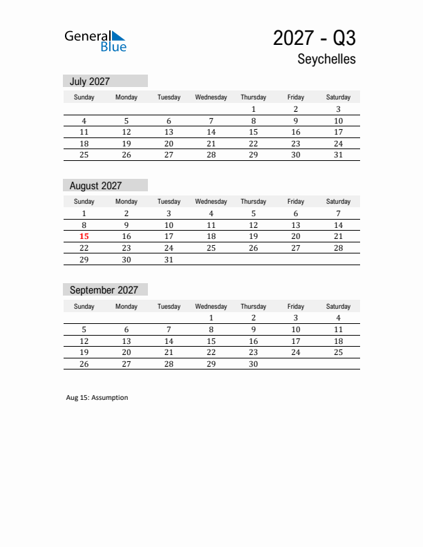 Seychelles Quarter 3 2027 Calendar with Holidays