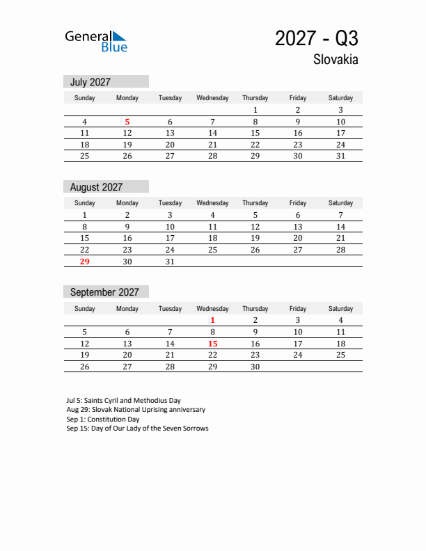 Slovakia Quarter 3 2027 Calendar with Holidays
