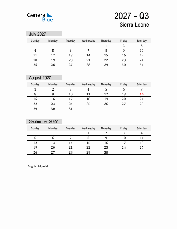 Sierra Leone Quarter 3 2027 Calendar with Holidays