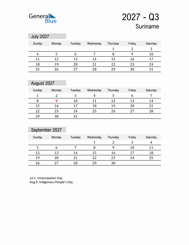 Suriname Quarter 3 2027 Calendar with Holidays