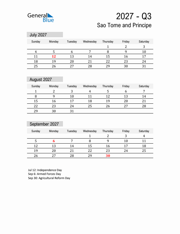 Sao Tome and Principe Quarter 3 2027 Calendar with Holidays
