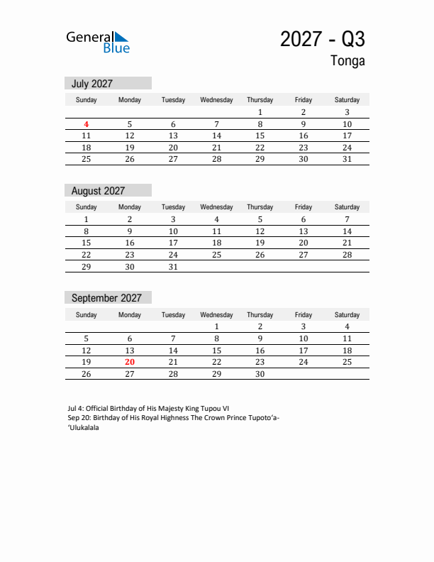 Tonga Quarter 3 2027 Calendar with Holidays