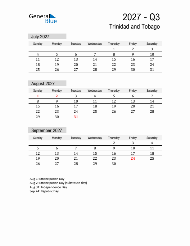 Trinidad and Tobago Quarter 3 2027 Calendar with Holidays