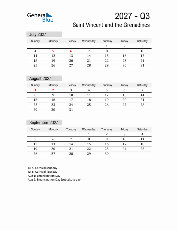 Saint Vincent and the Grenadines Quarter 3 2027 Calendar with Holidays