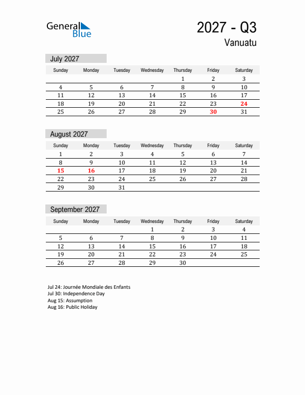 Vanuatu Quarter 3 2027 Calendar with Holidays