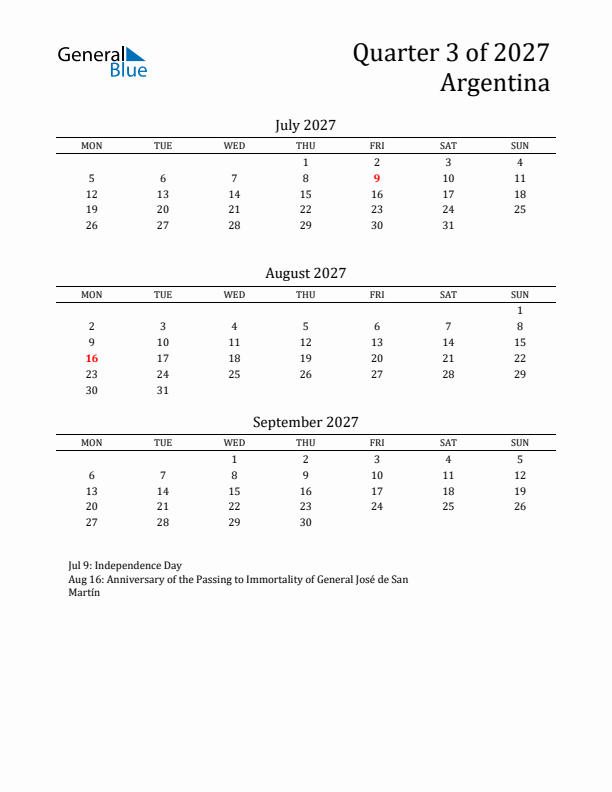Quarter 3 2027 Argentina Quarterly Calendar