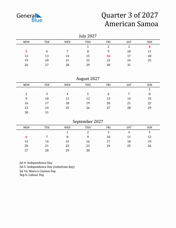 Quarter 3 2027 American Samoa Quarterly Calendar