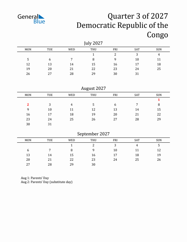 Quarter 3 2027 Democratic Republic of the Congo Quarterly Calendar