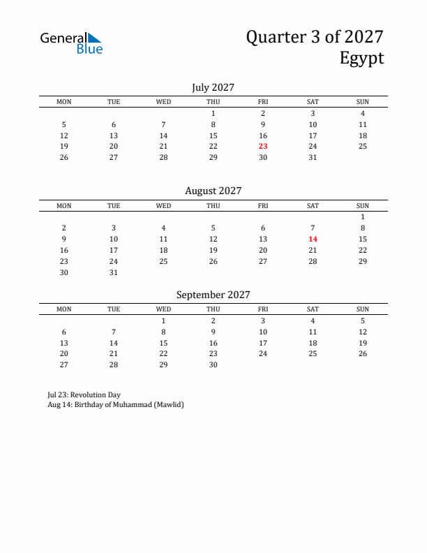 Quarter 3 2027 Egypt Quarterly Calendar