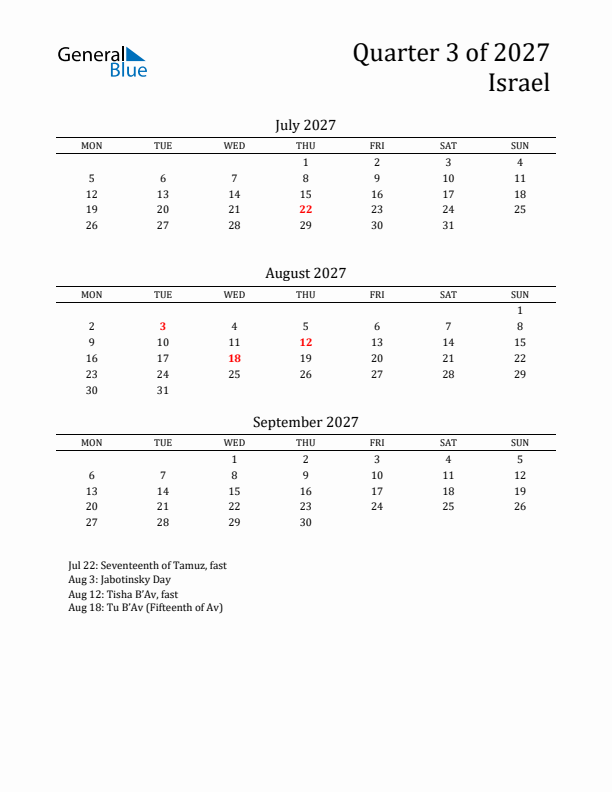 Quarter 3 2027 Israel Quarterly Calendar