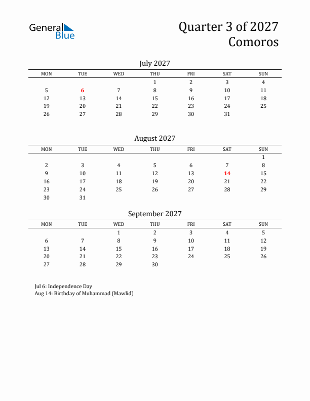 Quarter 3 2027 Comoros Quarterly Calendar