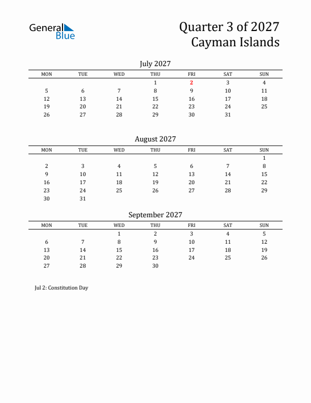 Quarter 3 2027 Cayman Islands Quarterly Calendar