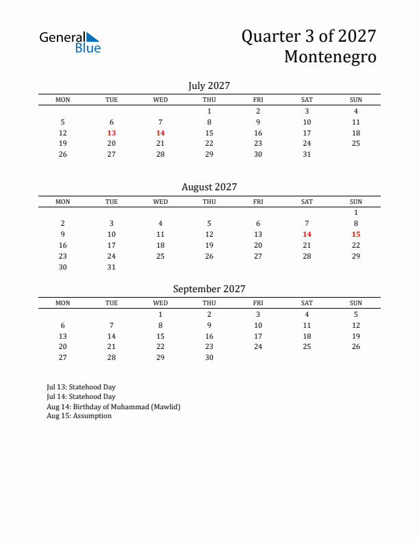 Quarter 3 2027 Montenegro Quarterly Calendar