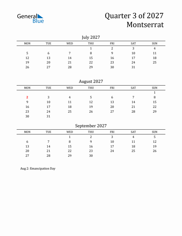 Quarter 3 2027 Montserrat Quarterly Calendar