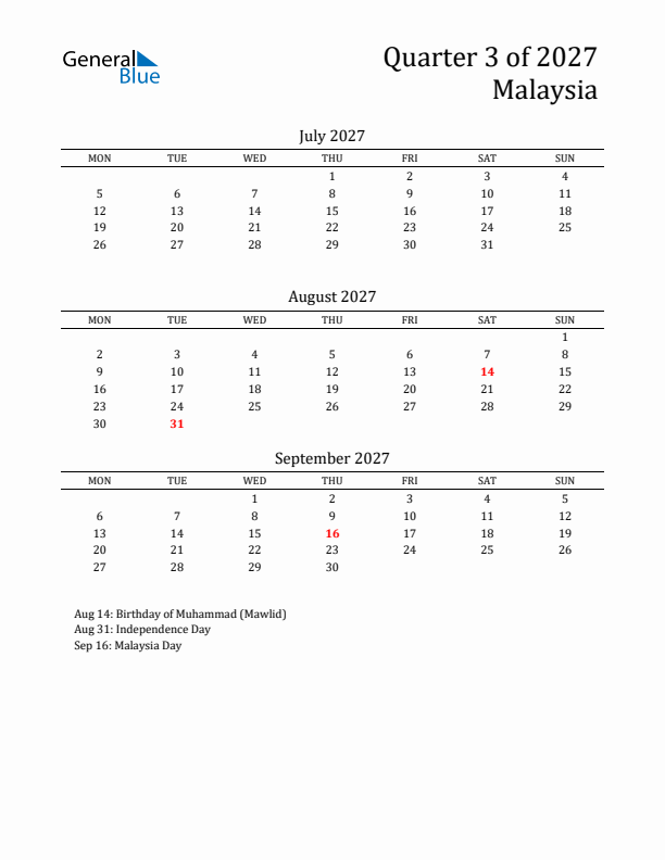 Quarter 3 2027 Malaysia Quarterly Calendar