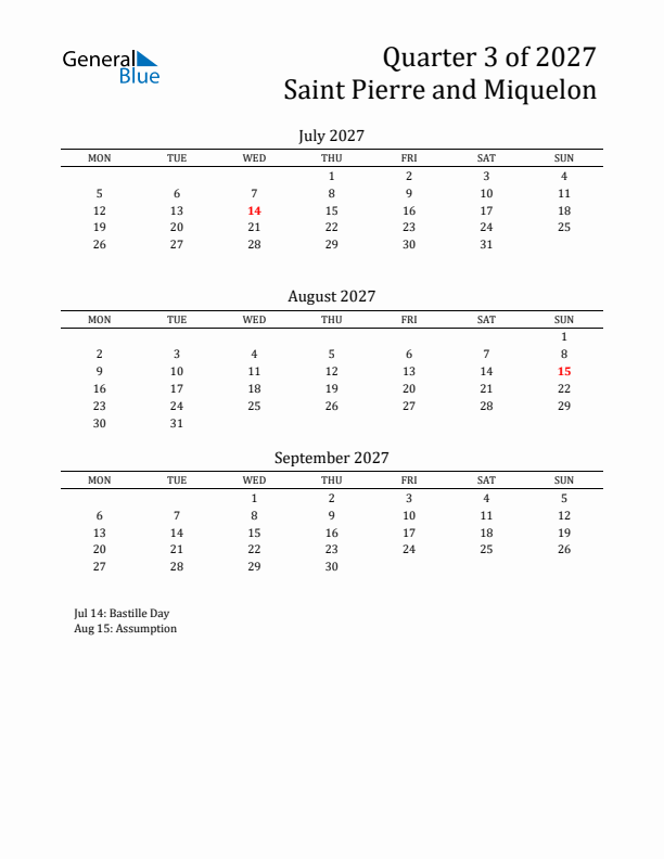 Quarter 3 2027 Saint Pierre and Miquelon Quarterly Calendar