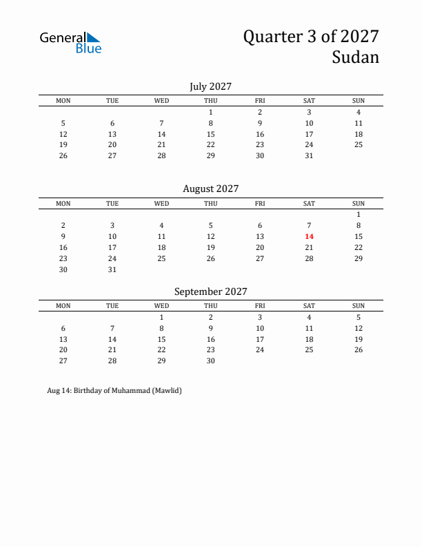 Quarter 3 2027 Sudan Quarterly Calendar