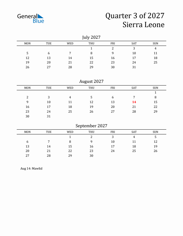 Quarter 3 2027 Sierra Leone Quarterly Calendar