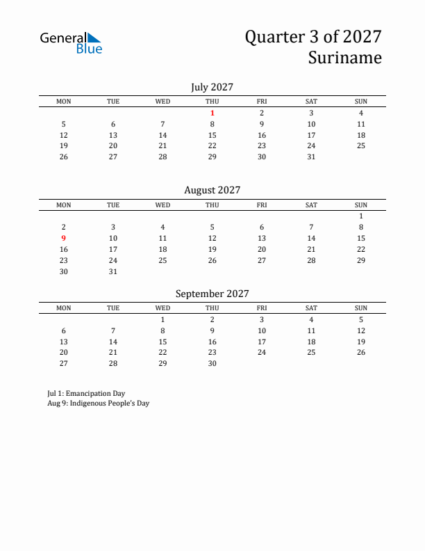 Quarter 3 2027 Suriname Quarterly Calendar