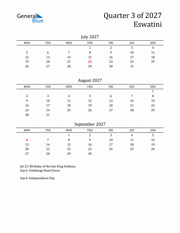 Quarter 3 2027 Eswatini Quarterly Calendar