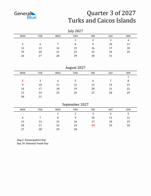 Quarter 3 2027 Turks and Caicos Islands Quarterly Calendar