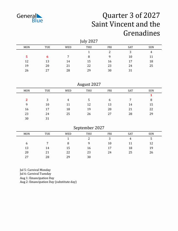 Quarter 3 2027 Saint Vincent and the Grenadines Quarterly Calendar