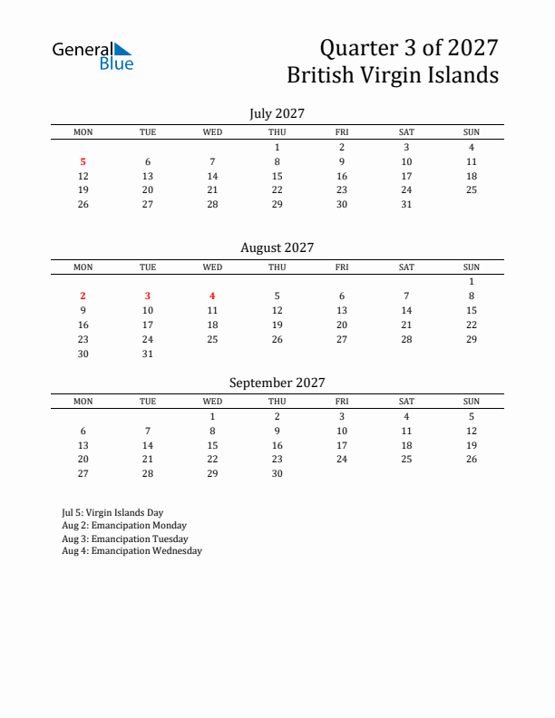 Quarter 3 2027 British Virgin Islands Quarterly Calendar