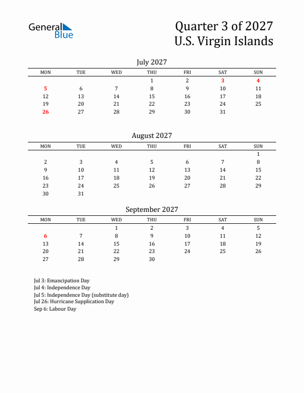 Quarter 3 2027 U.S. Virgin Islands Quarterly Calendar