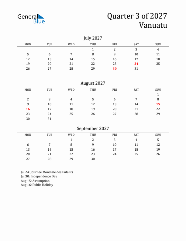 Quarter 3 2027 Vanuatu Quarterly Calendar