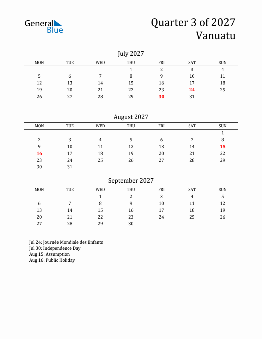 Quarter 3 2027 Vanuatu Calendar - Monday Start