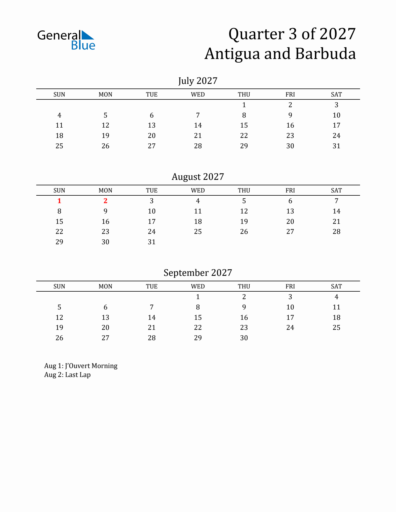 Quarter 3 2027 Antigua and Barbuda Quarterly Calendar
