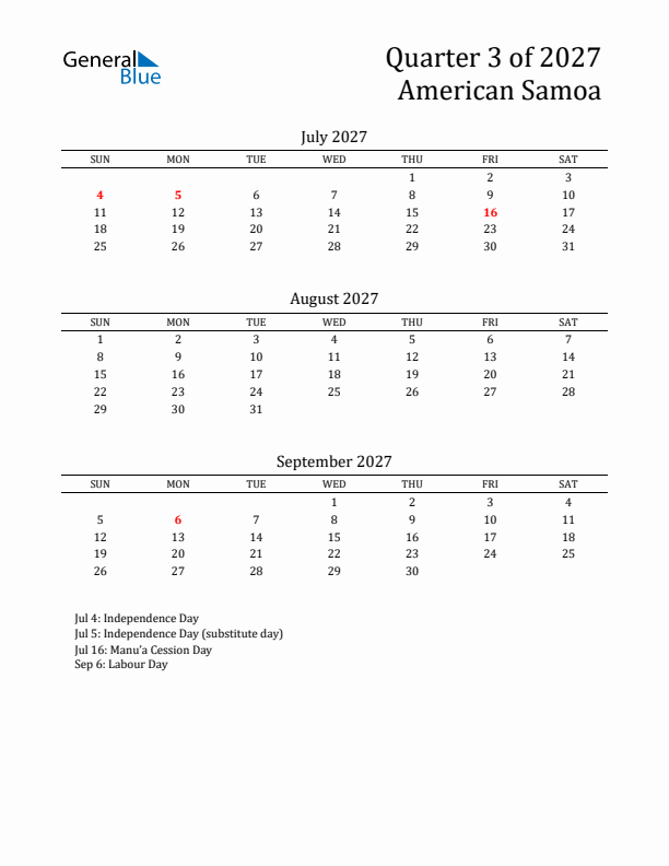 Quarter 3 2027 American Samoa Quarterly Calendar