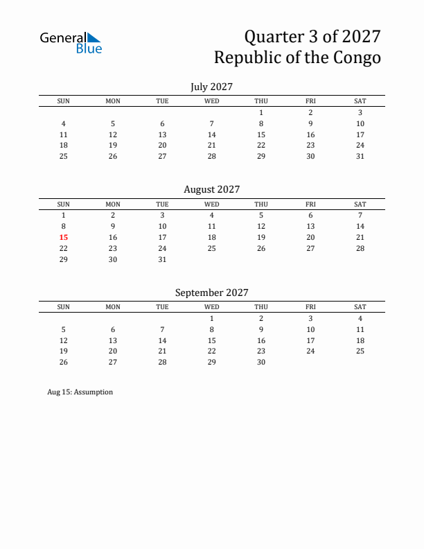 Quarter 3 2027 Republic of the Congo Quarterly Calendar