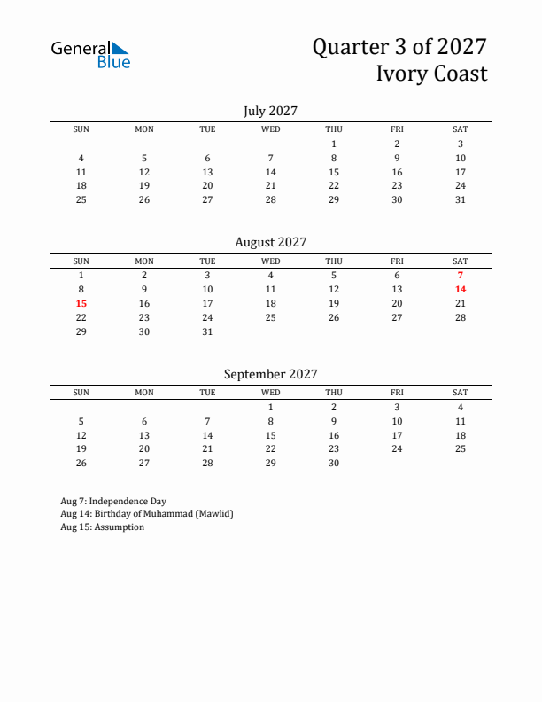 Quarter 3 2027 Ivory Coast Quarterly Calendar