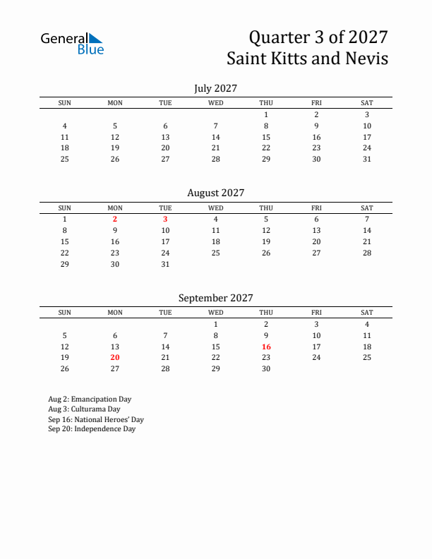 Quarter 3 2027 Saint Kitts and Nevis Quarterly Calendar