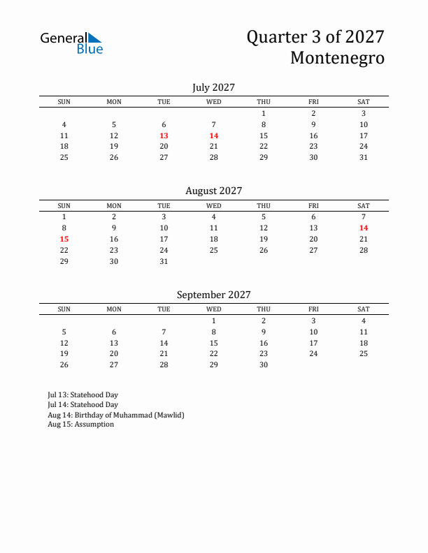 Quarter 3 2027 Montenegro Quarterly Calendar