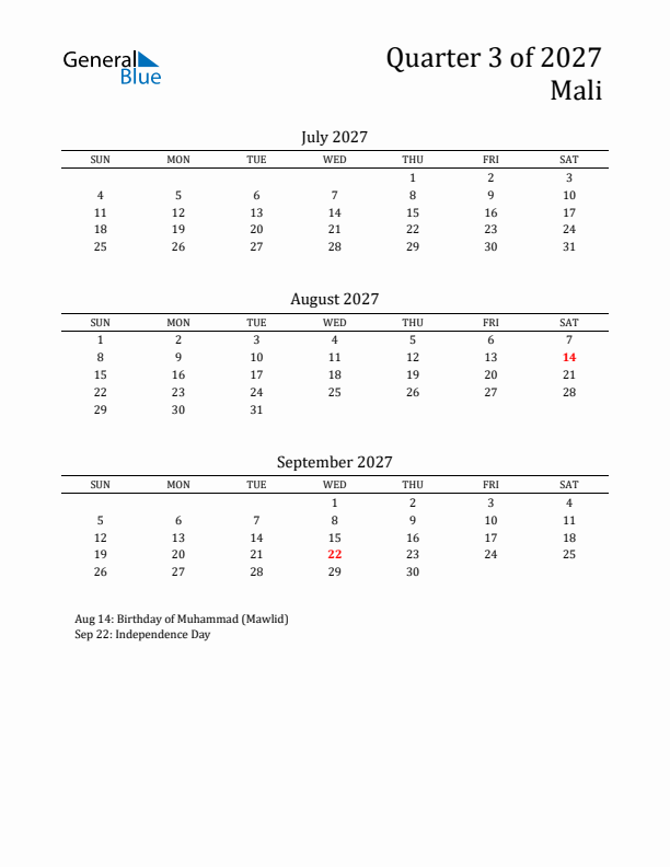 Quarter 3 2027 Mali Quarterly Calendar