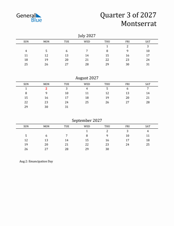 Quarter 3 2027 Montserrat Quarterly Calendar