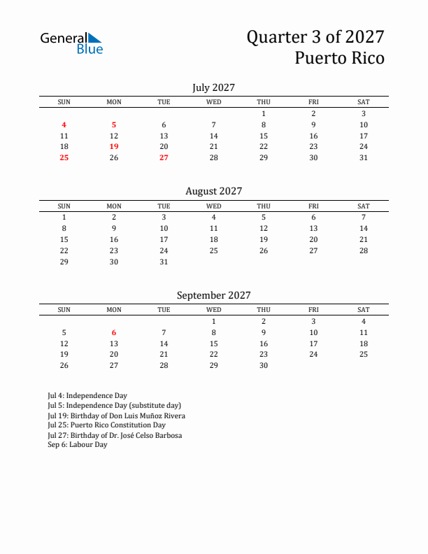 Quarter 3 2027 Puerto Rico Quarterly Calendar