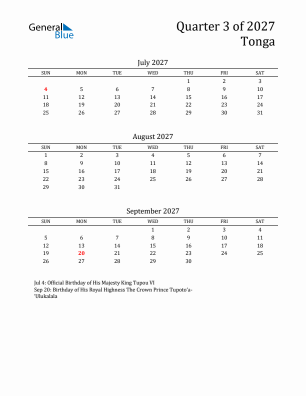 Quarter 3 2027 Tonga Quarterly Calendar