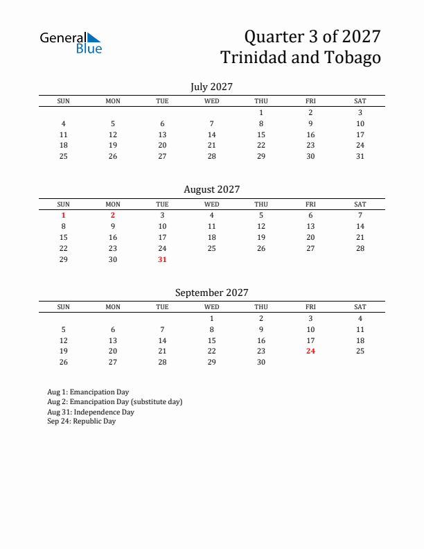 Quarter 3 2027 Trinidad and Tobago Quarterly Calendar