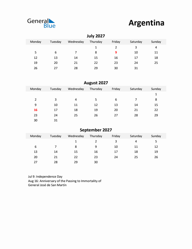Printable Quarterly Calendar with Notes and Argentina Holidays- Q3 of 2027