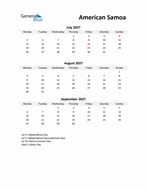 Printable Quarterly Calendar with Notes and American Samoa Holidays- Q3 of 2027