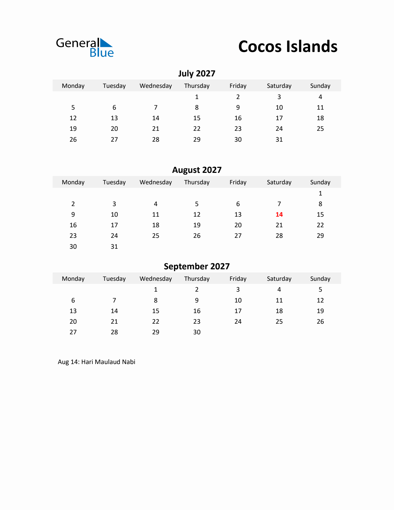 Printable Quarterly Calendar with Notes and Cocos Islands Holidays- Q3 of 2027