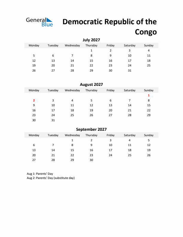 Printable Quarterly Calendar with Notes and Democratic Republic of the Congo Holidays- Q3 of 2027